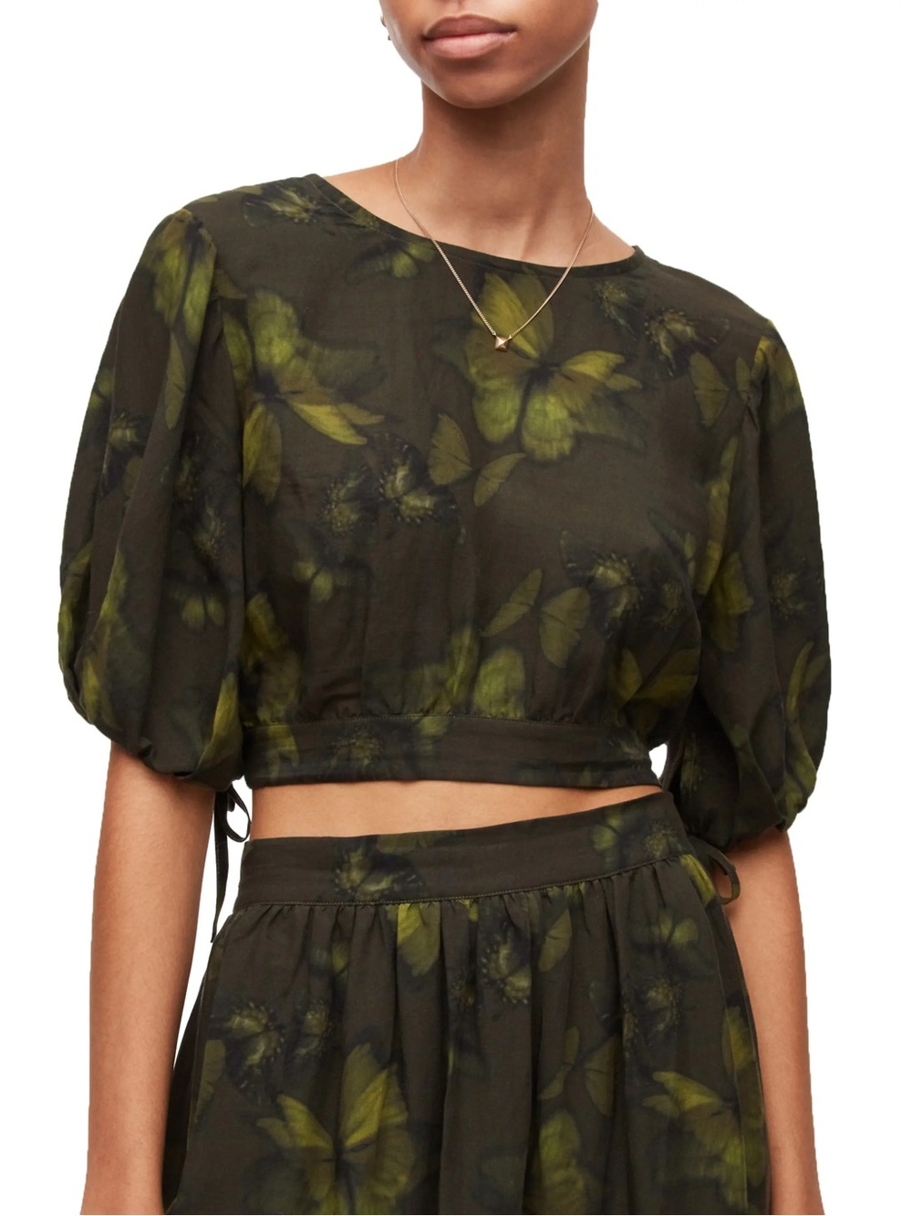 All Saints Puff Sleeve Butterfly Print Crop Top NEW *read description